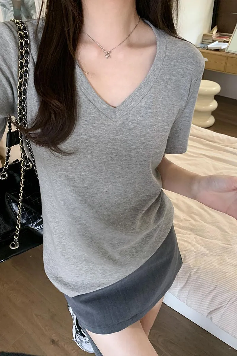 Basic White V-Collar Casual Short-Sleeved T-Shirt Women's New Summer Design Niche Shoulder Blouse - Image 9