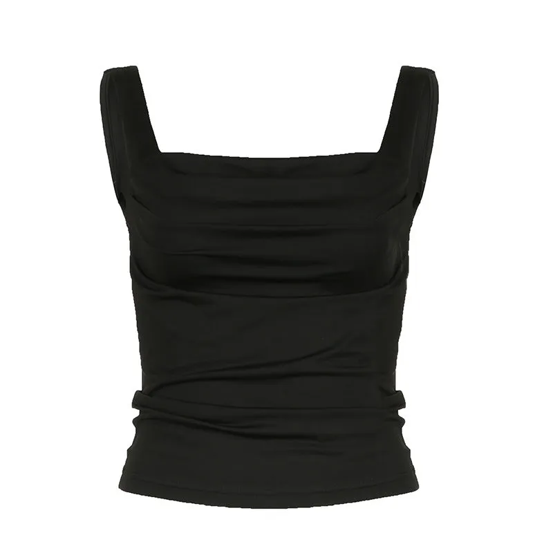 Ins Trend Solid Color Fold Design Square Collar Slim, Basic, Simple Sling Vest, New Summer Style - Image 2