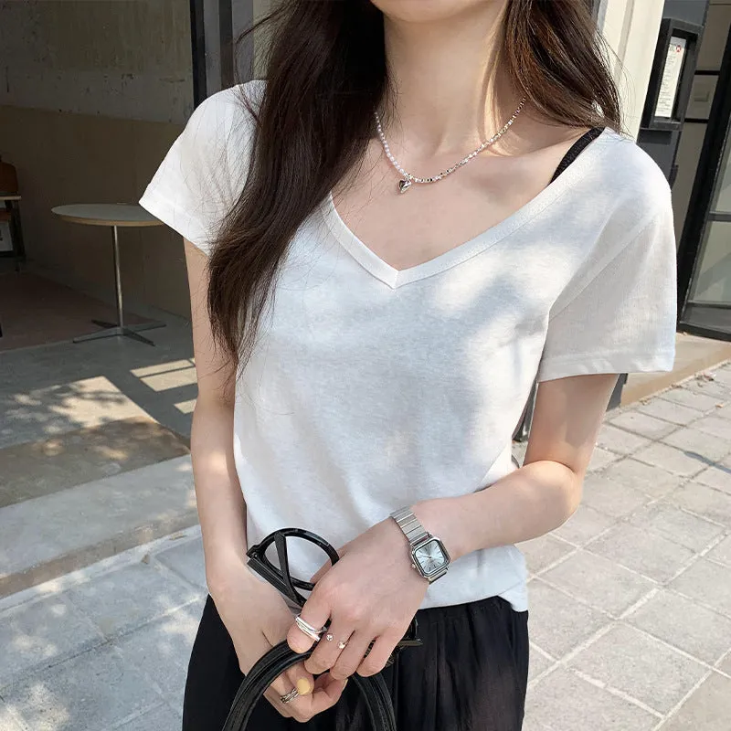 Simple V-Collar Solid Color T-Shirt Small Short-Sleeved T-Shirt Women's New Slim And Thin Underwear In Summer - Image 6