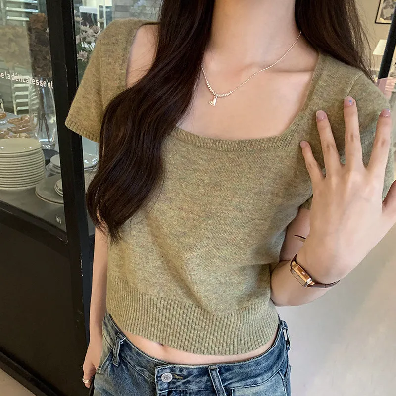 Korean Version Of Knitted Short-Sleeved T-Shirt Women's New Summer Slim Thin Solid Color Full-Length Short-Style Blouse Ins - Image 10