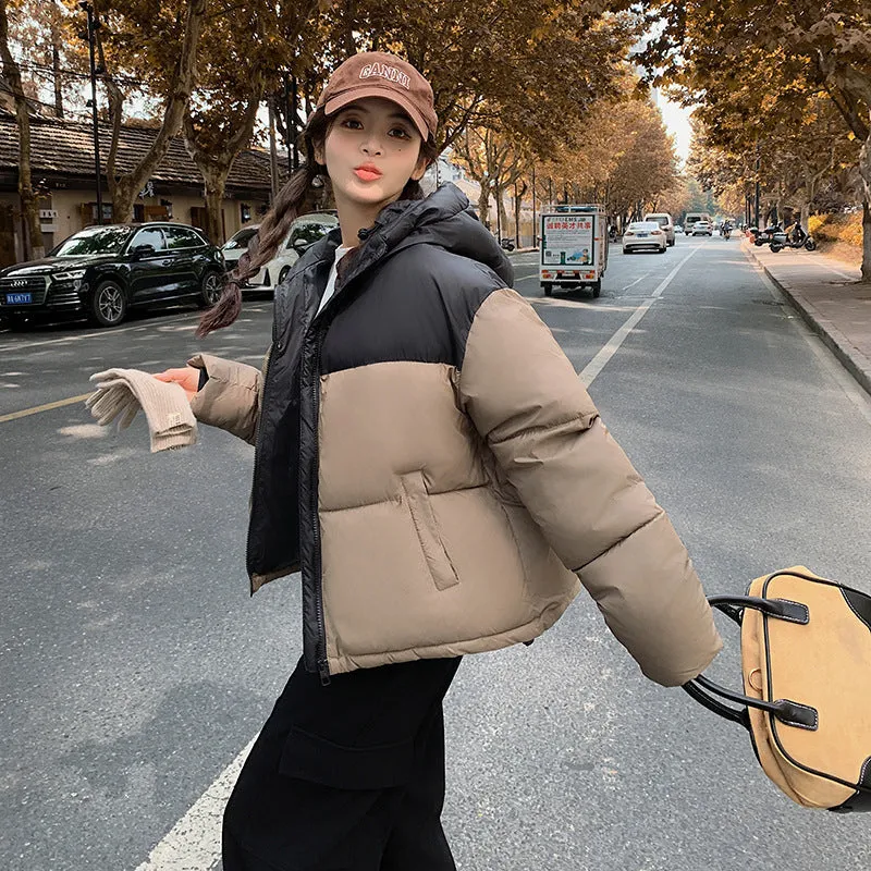 Bean Wind Spell Color Hooded Padded Clothes Female Short Style 2024 Winter New Fashion Loose Small Bread Jacket - Image 5