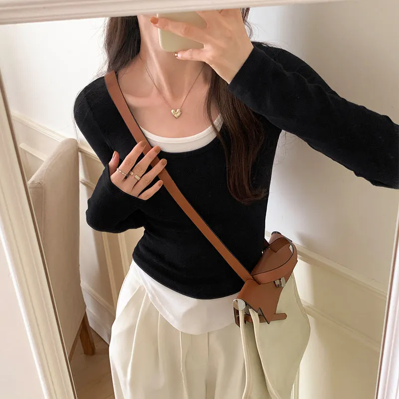 Znbbw Sense Of Design For A Minority Round-Necked Early Autumn Long-Sleeved T-Shirt, A New Style Of Fake Two Matching-Color Bottomed Shirts With Underwear.