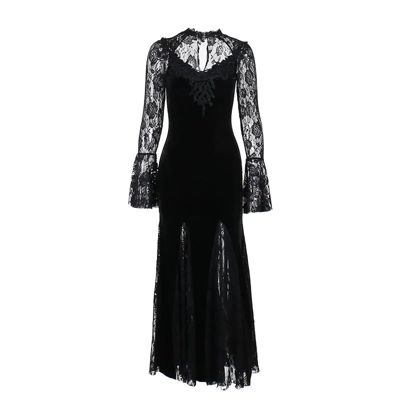 Znbbw Autumn New Style Sexy Micro-Transparent Slim Dress Dark Lace Fishtail Long-Sleeved Dress Woman - Image 4