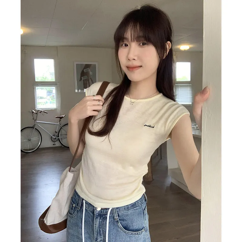 Round-Necked Sleeveless Knitted Embroidered Letter T-Shirt Women's Summer New Fold Waist Early Spring Dress Temperamental Vest - Image 9