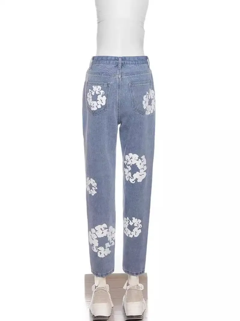 Znbbw 2024 Men's And Women's New Street Fashion Printed High-Waisted Straight Tube Slim Jeans - Image 4