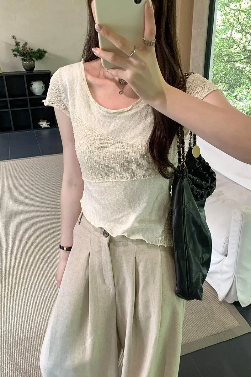 Korean Minority Design Temperament Texture Fabric Spliced Shoulder Short-Sleeved T-Shirt Women's Summer 2024 New Blouse - Image 7