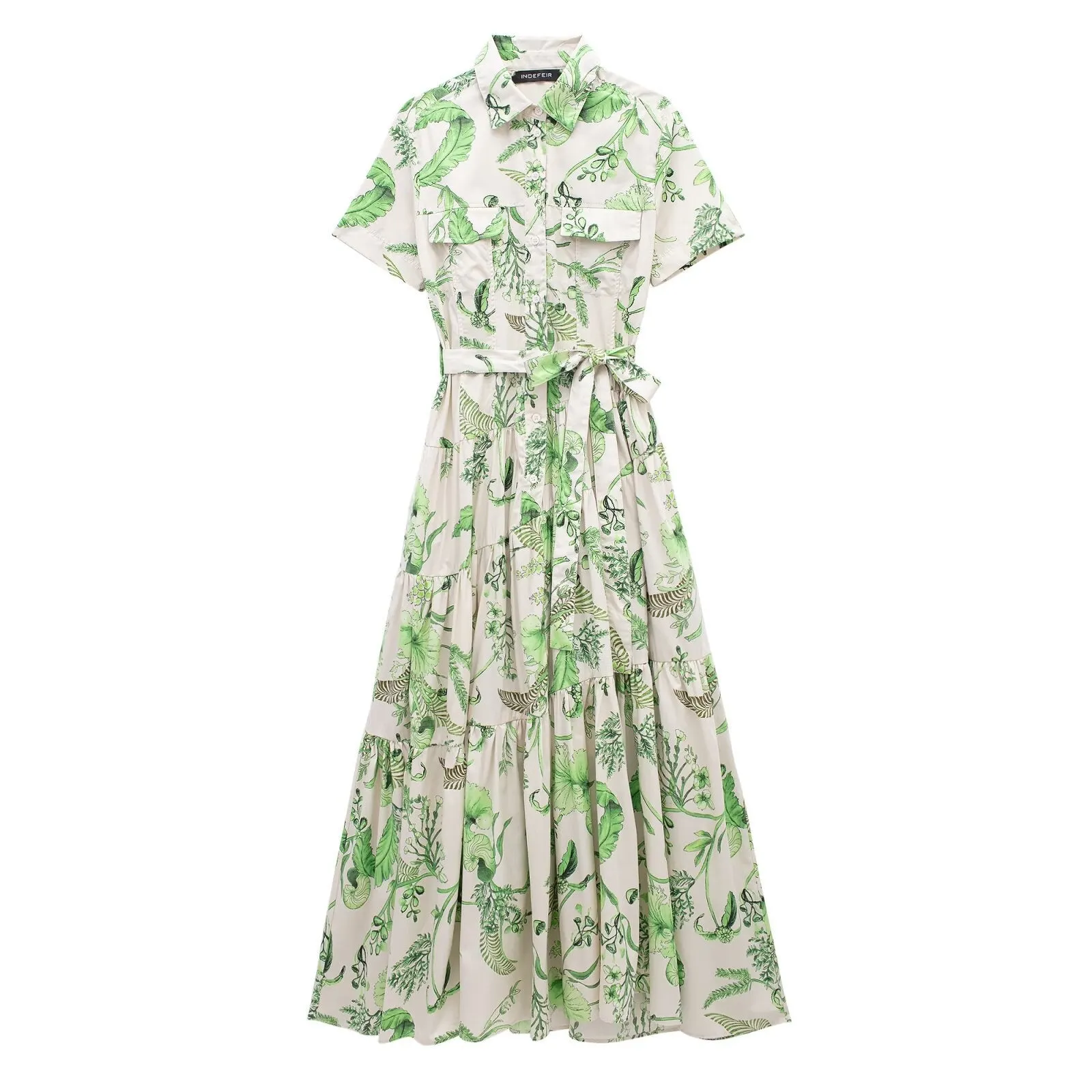 Znbbw New Series Of Spring Printed Belt-Lined Dress
