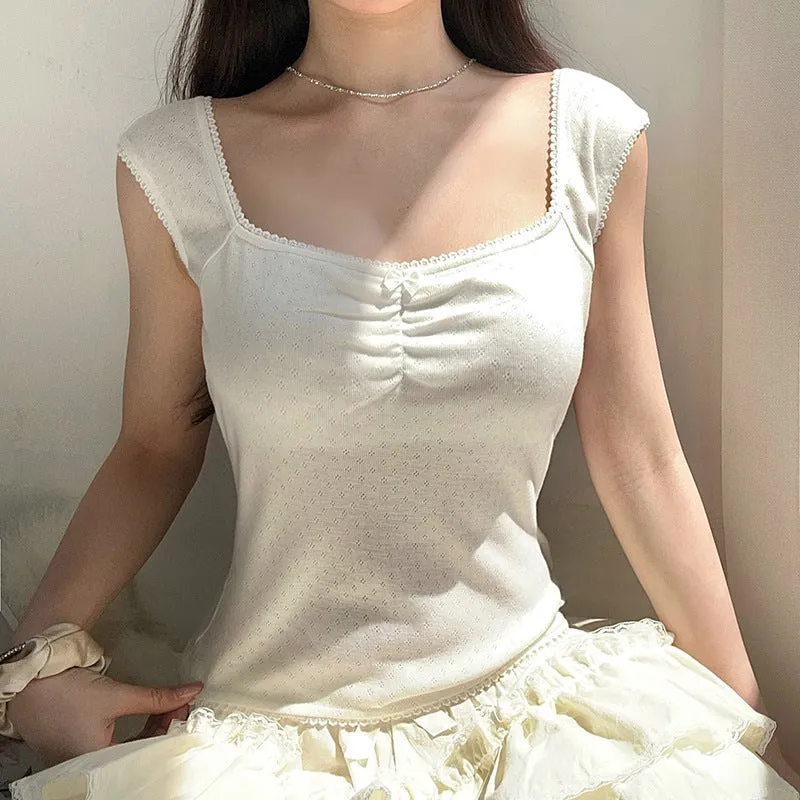 Gentle Style Small Lace Pleated Square Collar Short-Sleeved T-Shirt Ins Girls Fresh Wear Bare-Back Blouse 2024 - Image 10