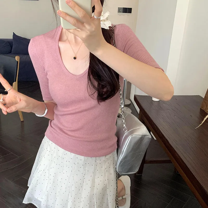 U Straight Shoulder Ice Silk Knitted Short-Sleeved T-Shirt Women 2024 Summer Thin Style Bottomed Shirt Slim Short Blouse - Image 2