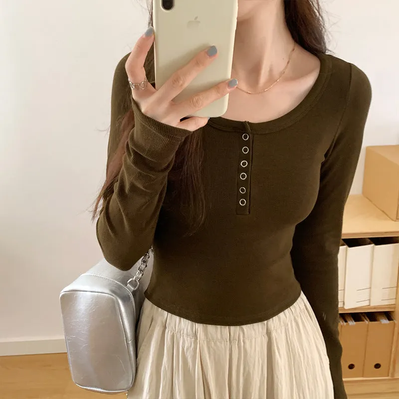 Znbbw Bottomed Shirt A New Threaded Blouse In Early Autumn Is Worn Inside A Collarbone Long-Sleeved T-Shirt.