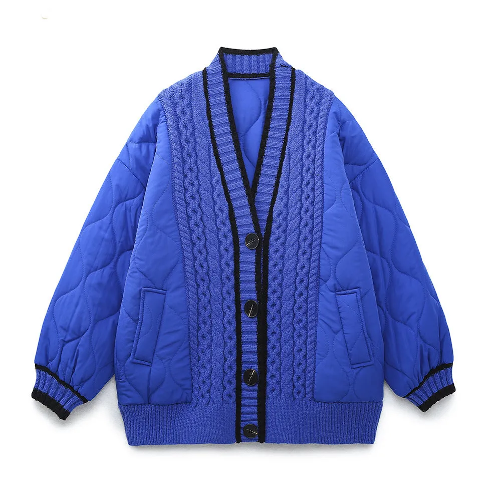 Znbbw And Winter New Tricolor Knitted Spliced V-Collar Loose Version Cotton Jacket - Image 3