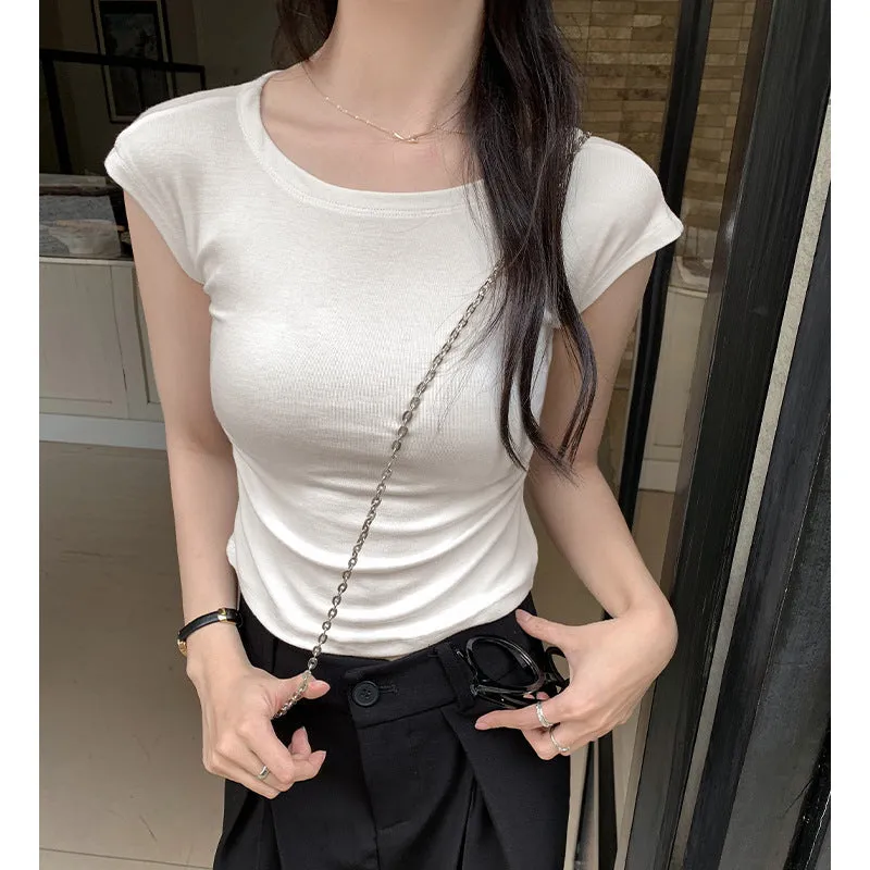 Korean Style Simple Shoulder Short-Sleeved T-Shirt Women's Summer Thin Style Design Feeling Solid Color Full-Fitting Spicy Girls Short-Style Blouse - Image 10