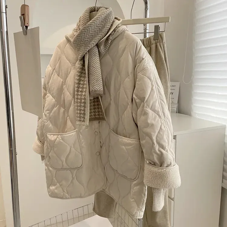 Wool Splicing Down Cotton Jacket Female Winter 2024 The Korean Version Of Loose Diamond Case Light Warm Cotton-Padded Jacket Padded Jacket Coat - Image 5