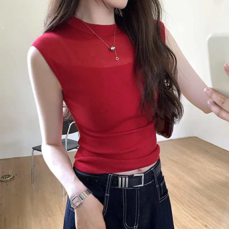 Korean Tulle Spliced Sleeveless Sweater Women's Summer 2024 New Style Slim And Gentle Blouse With Thin Temperament - Image 3