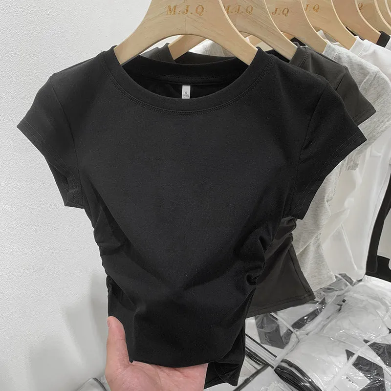 Znbbw Black Round-Collar Short-Sleeved T-Shirt With A Black Round Neck Designed By European Designers Is A New Tight-Fitting, Skinny, Short-Style Blouse For Women In Spring And Summer.