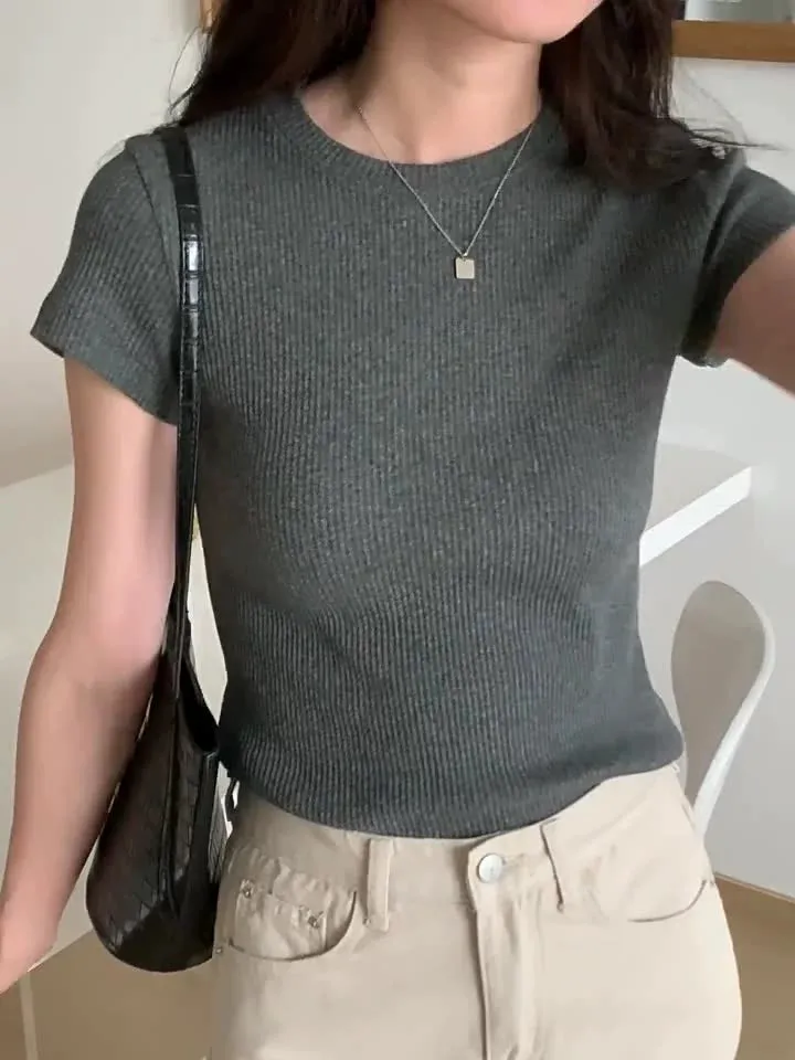 Classic Basic Grey Shoulder T-Shirt Women's Short-Sleeved Round-Necked T-Shirt Threaded To Show A Thin Blouse In Summer - Image 12