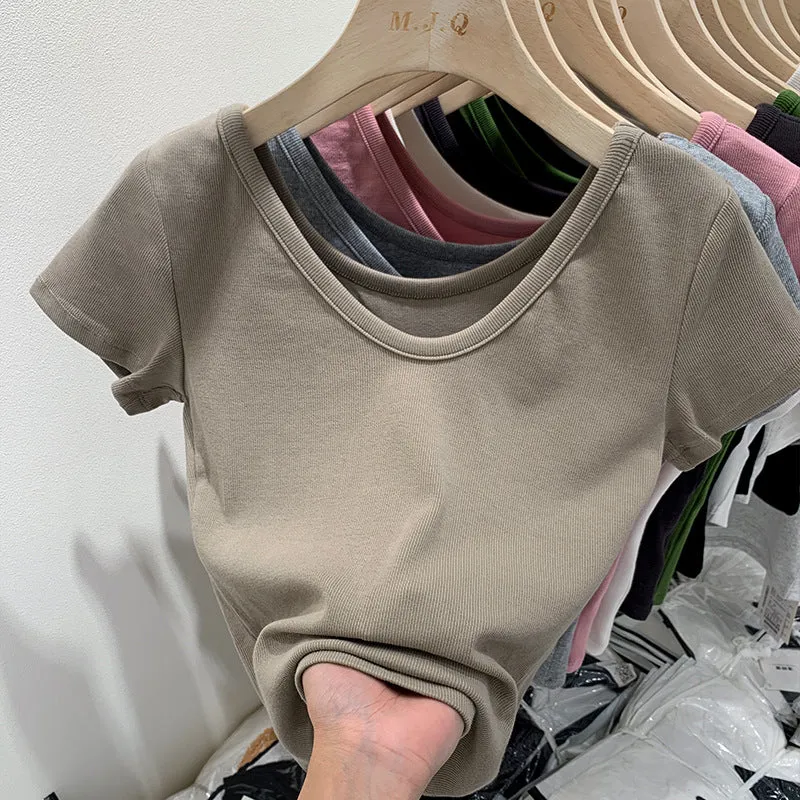 European V-Neck Shoulder T-Shirt Women's Short-Sleeved Summer New Slim And Skinny Short-Bottomed Blouse - Image 2