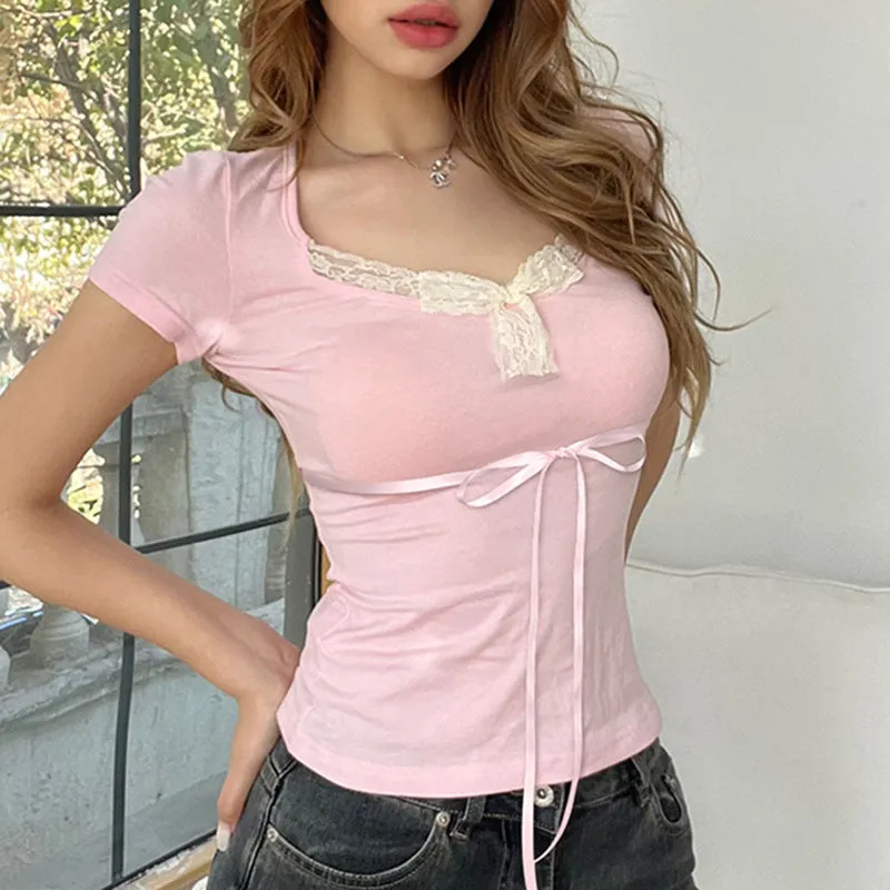 Sweet Girl Lace Bow Solid Color Short-Sleeved T-Shirt Style Stylish Casual Shirt New Style In Summer - Image 4