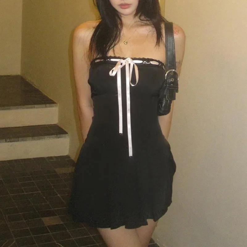 French Design Color Tie Bow To Wipe The Breast Skirt With The Word Collar Waist Show Thin Pleated Skirt Dress Woman - Image 2