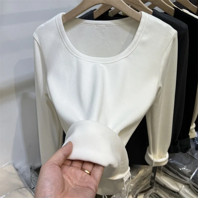 Znbbw Plush Underwear With White Bottomed T-Shirt With Low Round Neck And Long Sleeves In Autumn And Winter Integrated Velvet Warm Blouse - Image 4