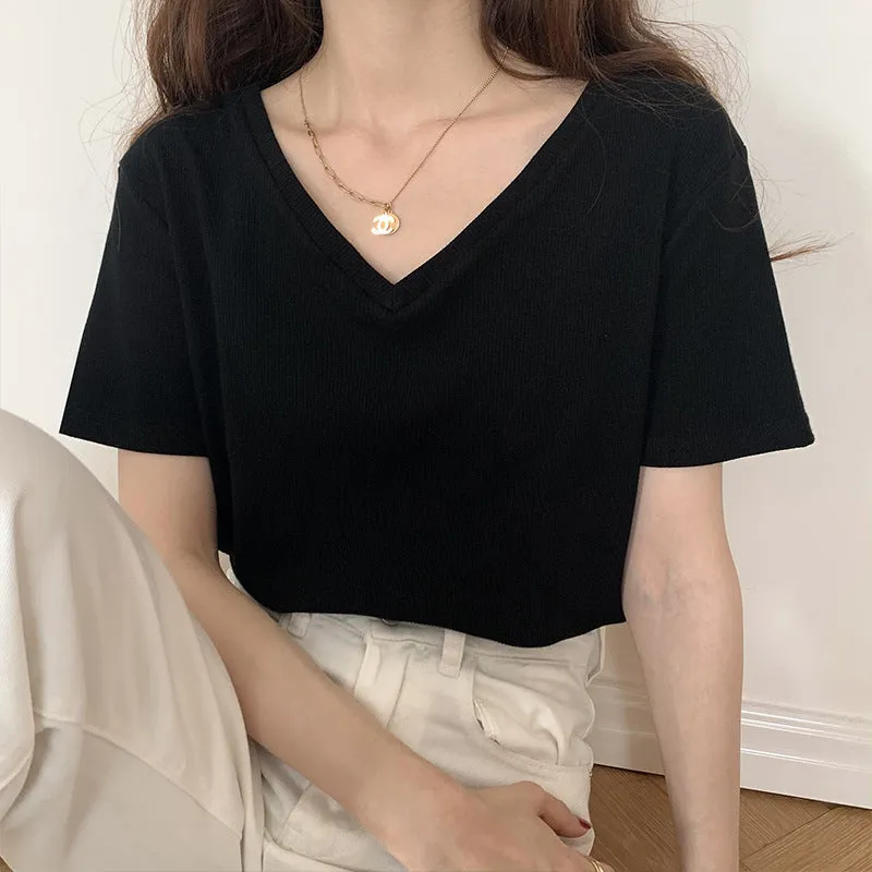 2025 Summer New Threaded Pure Color Short-Sleeved Knitted V-Collar T-Shirt Design Feeling Bottomed Blouse - Image 3
