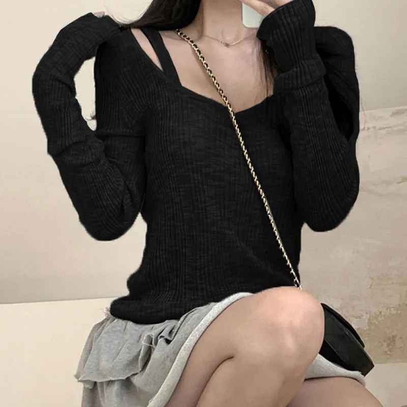 Pure Color Simple Pit Strip Slimming Retro Fashion Single Bare Shoulder Long Sleeved Two-Piece Blouse 2024 Spring / Summer New T-Shirt - Image 3
