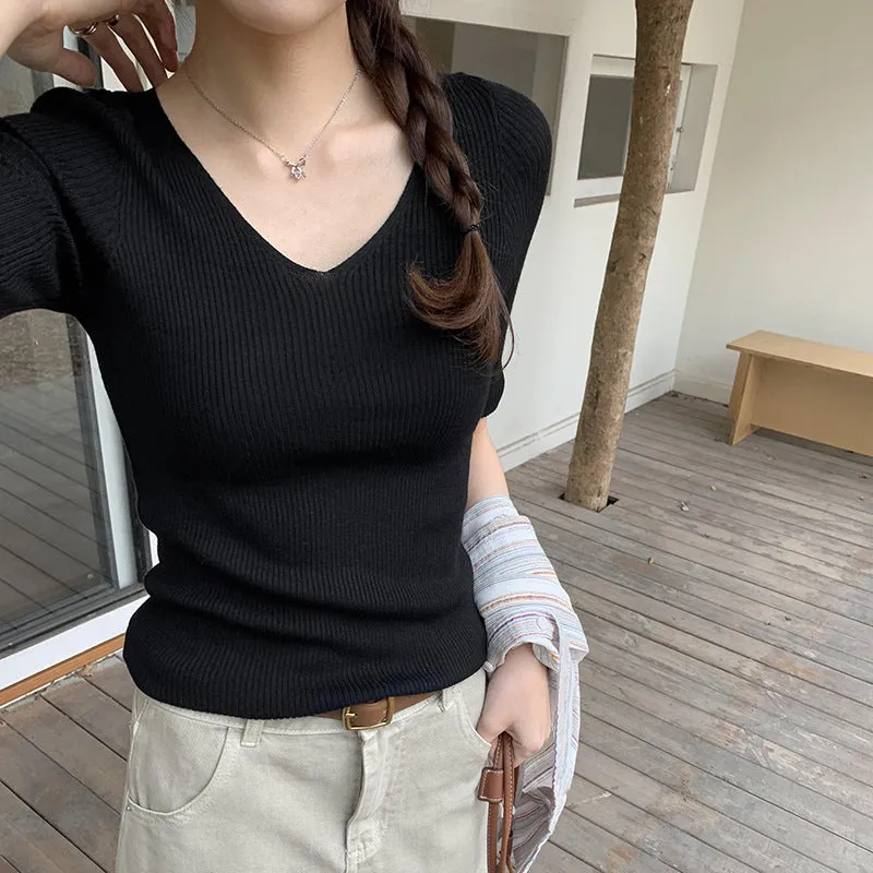 V-Neck Slim Short-Sleeved Sweater Women's Spring And Summer New Thin Medium-Sleeved T-Shirt Five-Cent Sleeve Blouse