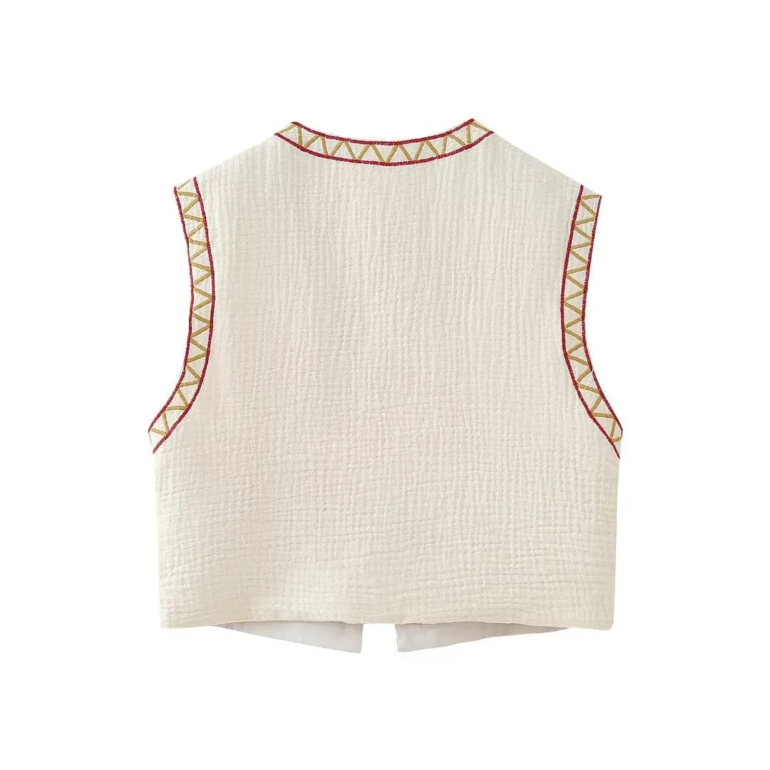 Znbbw New Embroidery Short Style Casual Round Neck Cardigan Vest