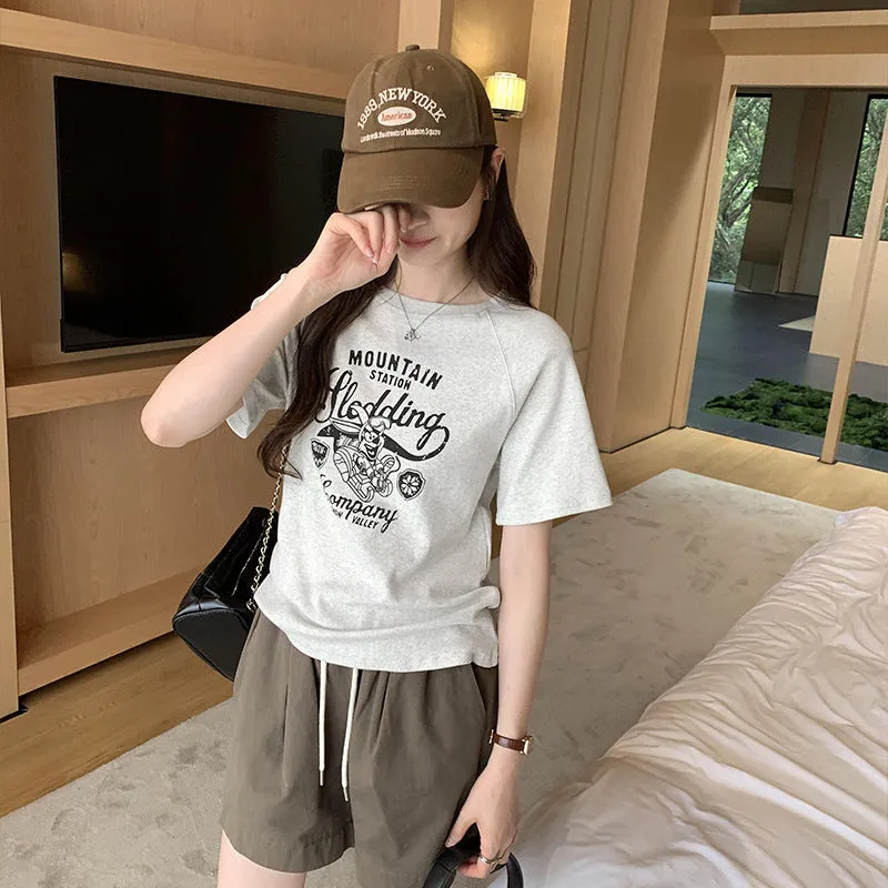 Vintage European High-End Print Loose Shoulder-Inserting Short-Sleeved T-Shirt Women's Summer 2024 New Blouse - Image 4