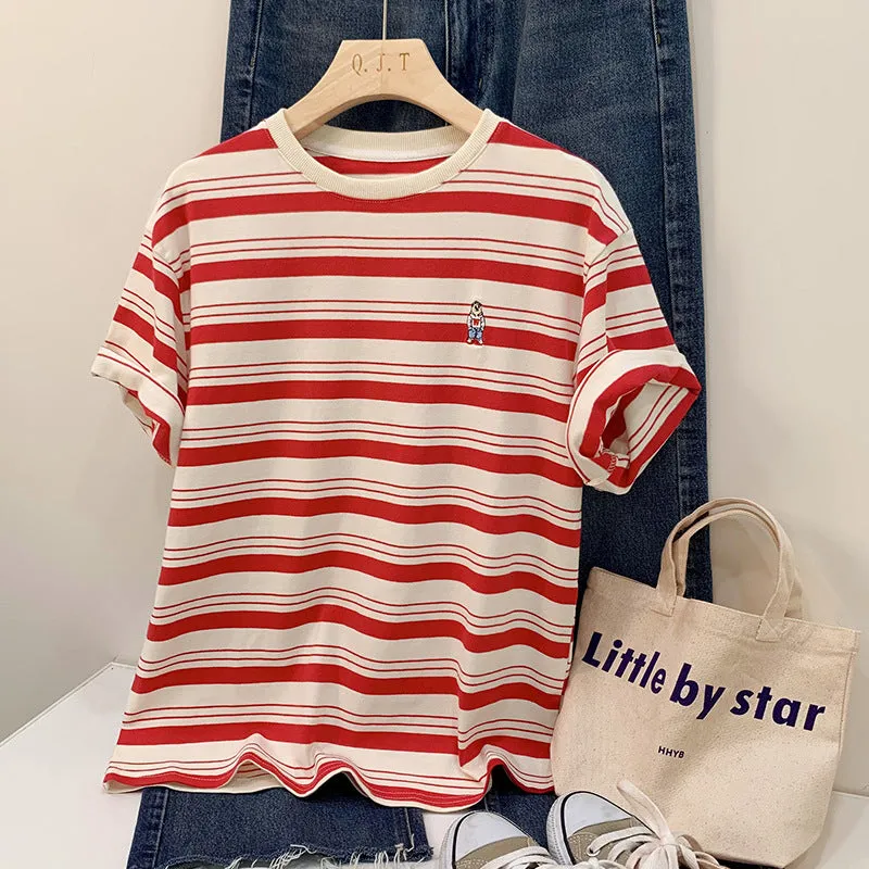 Shoulder Striped Short-Sleeved Embroidered T-Shirt Women's Summer New Design Chic Loose Leisure All-Purpose Commuter Shirt - Image 6
