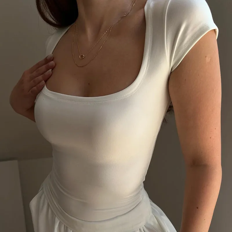 Simple Solid Color U-Collar Tight Skinny Short-Sleeved T-Shirt Summer Basic Low-Collar Knitted Blouse - Image 2