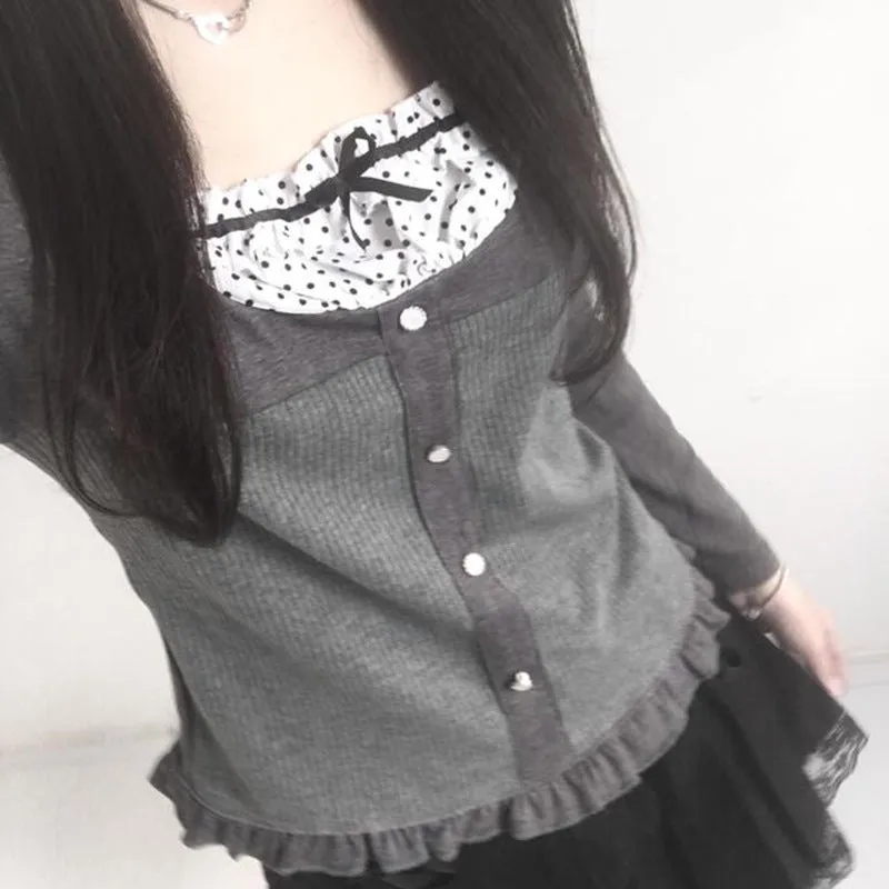 Girl Wind Holiday Two Wave Point Square Collar Spliced Button Blouse Girl 2024 Collision Color Small Bow Knot Wooden Ear T-Shirt - Image 4