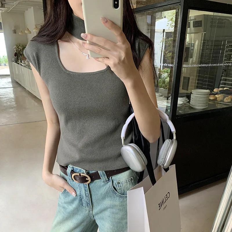 Design Sense Hanging Neck Shoulder Sleeveless Knitted Shirt Spring New Slim High Waist Short Vest Bottomed Blouse - Image 3