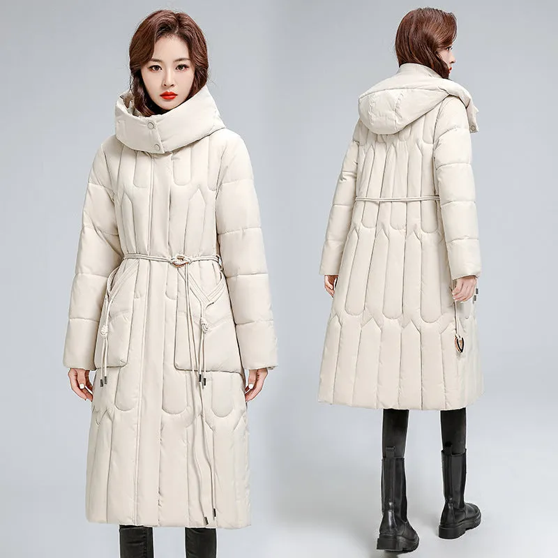 Hooded Warm Cotton-Padded Jacket 2024 New Winter Korean Version Of The Waist Show Thin Pure Color Cotton-Padded Coat Mother Coat - Image 2