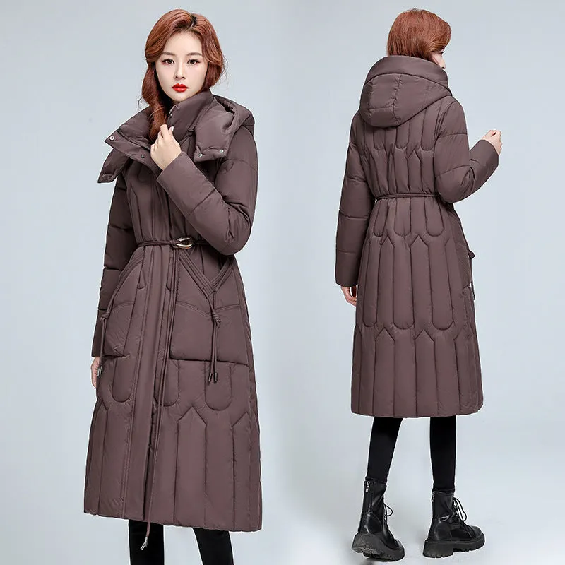 Hooded Warm Cotton-Padded Jacket 2024 New Winter Korean Version Of The Waist Show Thin Pure Color Cotton-Padded Coat Mother Coat - Image 5