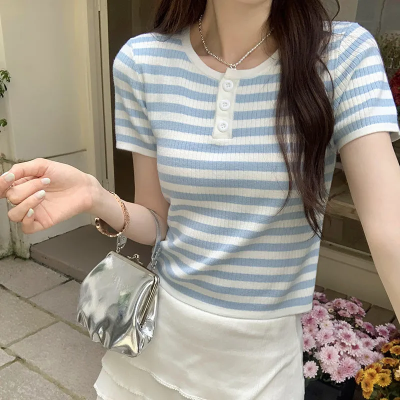 Cold And Light High-Grade Blue Color Striped Short-Sleeved Shoulder T-Shirt Women's Summer Stretch Waist Short Style Foreign Style T-Shirt - Image 5