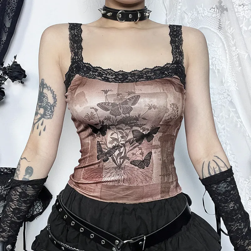 Znbbw Dark Wind Personality Butterfly Printing Lace Sling 2024 Spring / Summer New Sexy Slim Top Girl