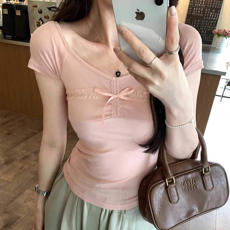 Chic Design Big V-Collar Lace Collage Split Bow Short-Sleeved T-Shirt Women's Summer New Pure Korean Blouse - Image 5