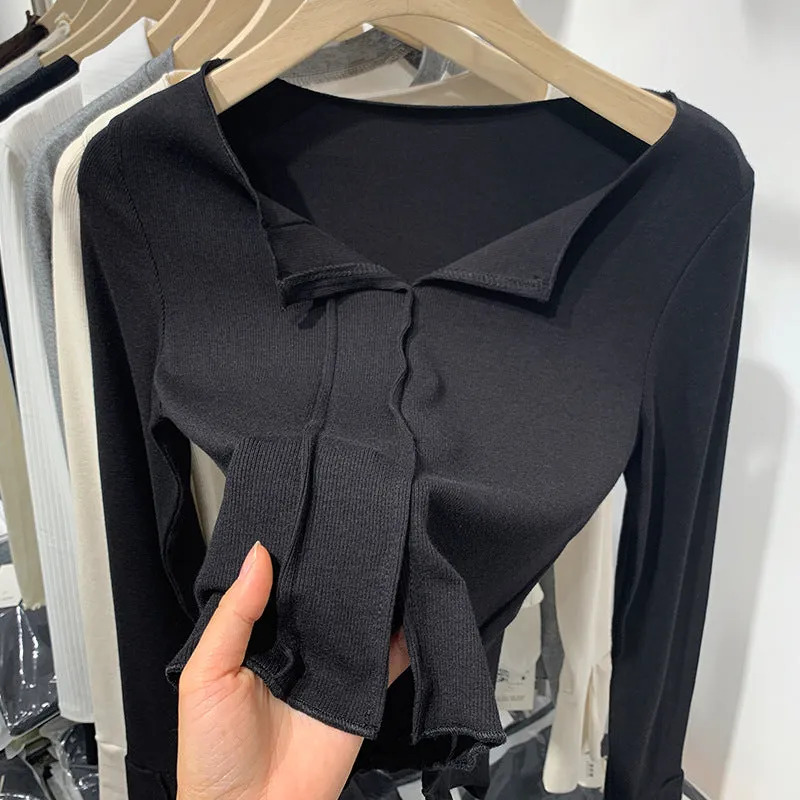 2025 New Spring And Autumn Style Solid Color Semi-Open-Necked Blouse With Split Sleeves And Slimming Short Style With Bottom Shirt - Image 6