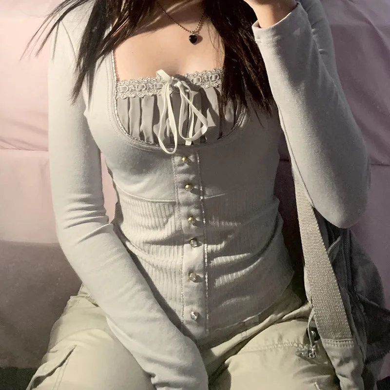 2024Wish Spring And Summer New Women's Wear Solid Color Lace Edge Retro Sweet Square Collar T-Shirt - Image 4