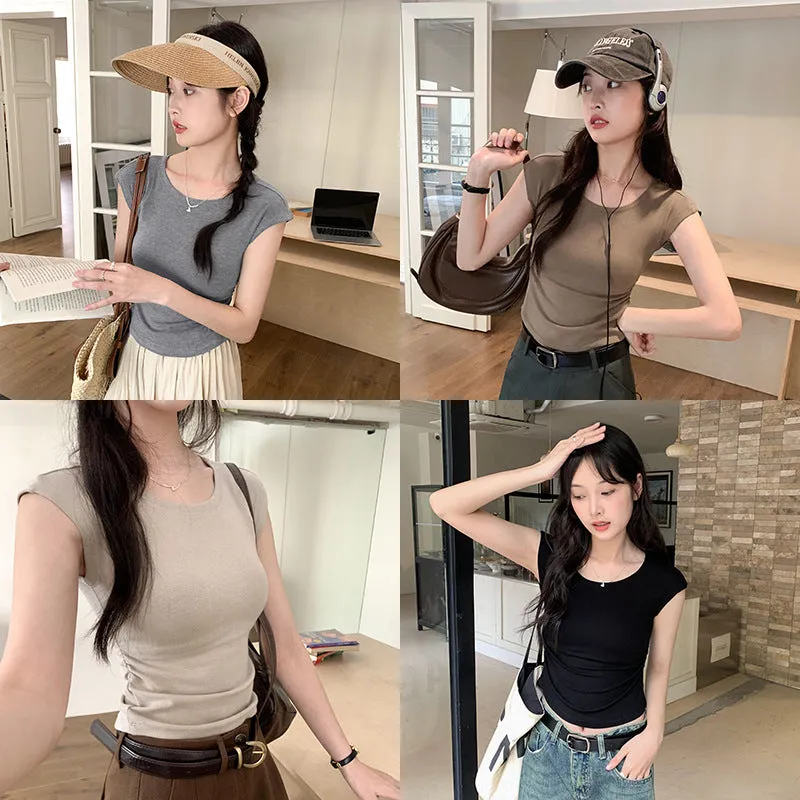 Korean Style Simple Shoulder Short-Sleeved T-Shirt Women's Summer Thin Style Design Feeling Solid Color Full-Fitting Spicy Girls Short-Style Blouse - Image 8