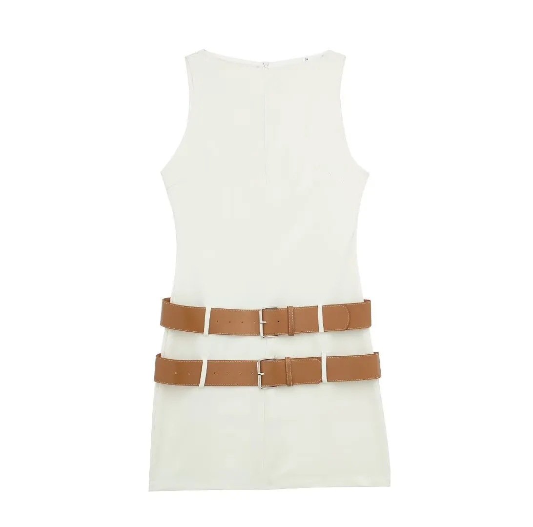Znbbw Spring Double Belt Decorated Tight Sleeveless Mini Dress 3152310