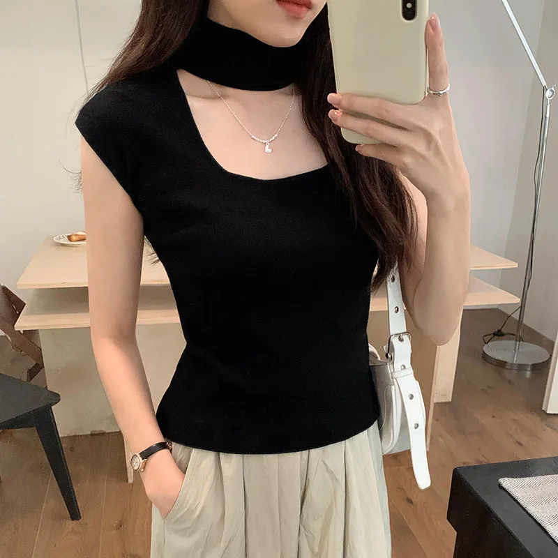 Design Sense Hanging Neck Shoulder Sleeveless Knitted Shirt Spring New Slim High Waist Short Vest Bottomed Blouse - Image 4