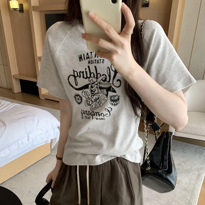 Vintage European High-End Print Loose Shoulder-Inserting Short-Sleeved T-Shirt Women's Summer 2024 New Blouse - Image 5