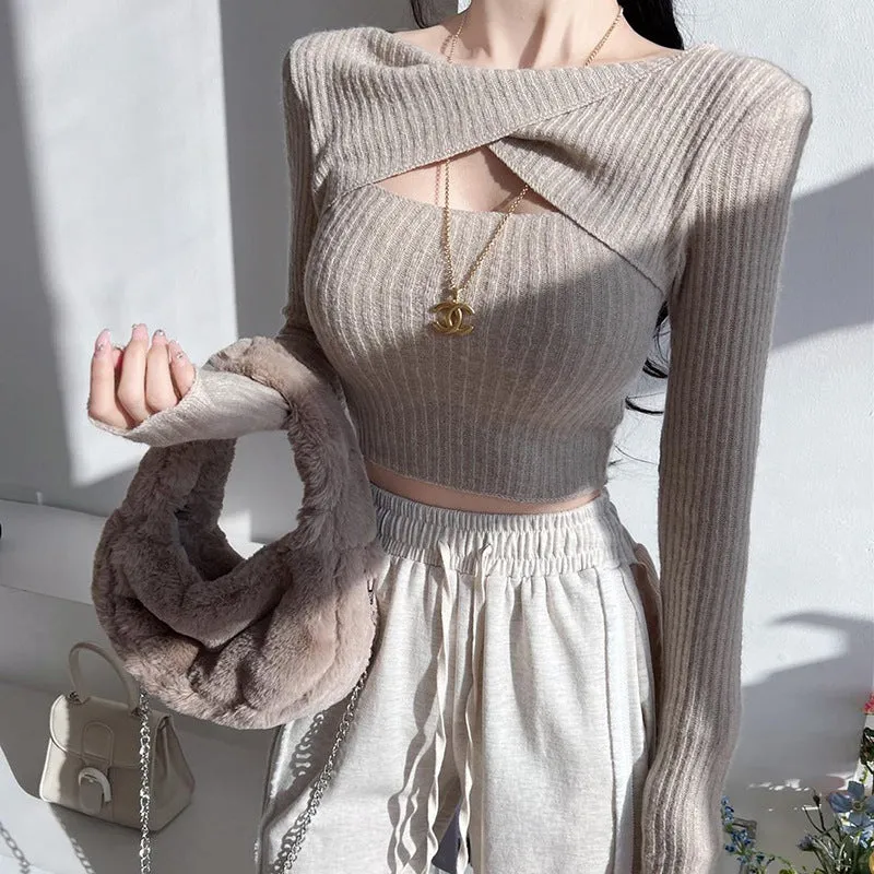 Znbbw Knitted Kink Hollowed-Out Long-Sleeved Blouse 2024 Fall Women's Fashion Leisure Slim Bottomed Shirt