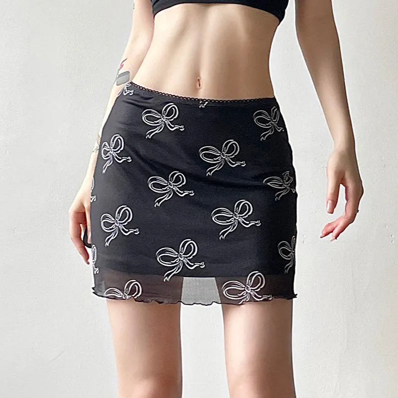 Sexy Spice Girl Bowknot Printed Net Skirt Half-Body Skirt In Summer Color Low-Waisted To Show Lean Net Gauze All-Round Buttocks Skirt - Image 4