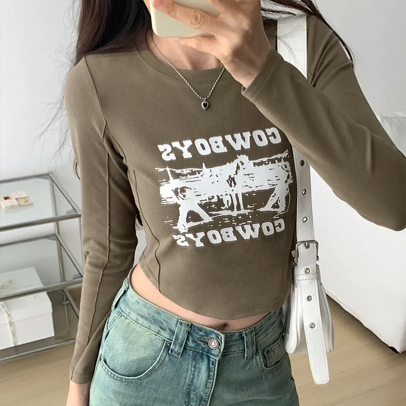 Znbbw Shoulder Round Collar Long-Sleeved T-Shirt Women's Early Autumn New High-Waisted Spicy Girls Short Style Undershirt