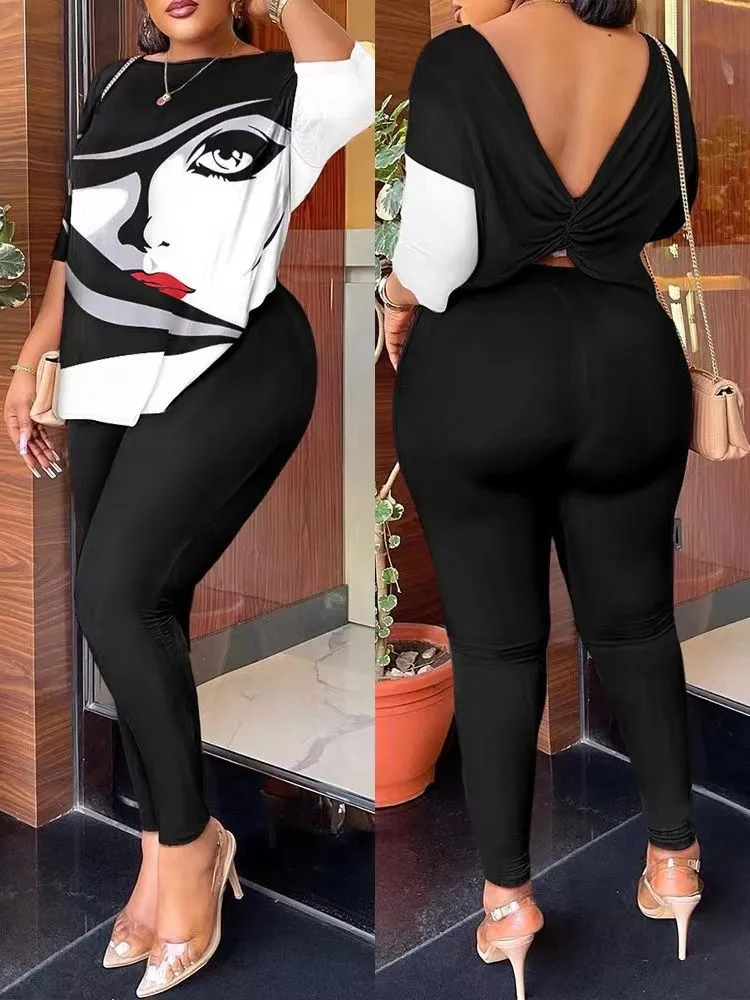 Znbbw Autumn New Women's Fashion Leisure Bare-Back Printed Trousers Suit - Image 8