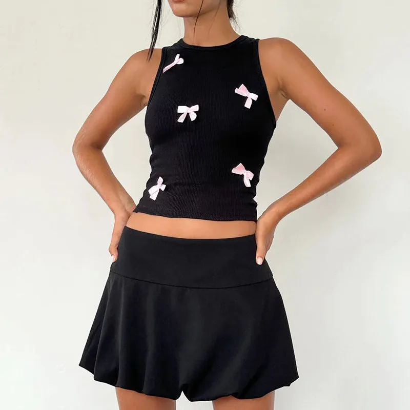 Girl Sweet Pink Bow Stitching, Slimming, Ultra-Short Knitted Round-Neck Vest, Pure Desire For A Blouse. - Image 2