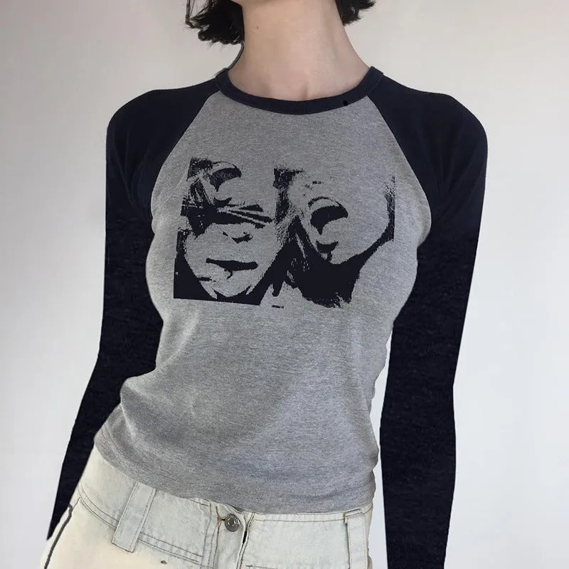 Street Portrait Printed Shoulder-Inserted Long-Sleeved T-Shirt 2024 New Retro Slim And Skinny Bottom Shirt - Image 5